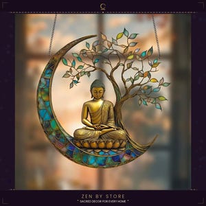 Acchiappasole con Buddha e Luna e albero della Bodhi, ornamento da appendere alla finestra, decorazione a mezzaluna in stile vetrata, regalo spirituale per lei