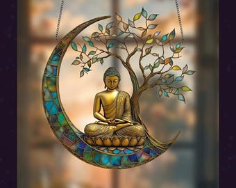 Buddha Moon Suncatcher with Bodhi Tree, Hanging Window Ornament, Stained Glass Style Crescent Moon Decor, Spiritual Gift for Her