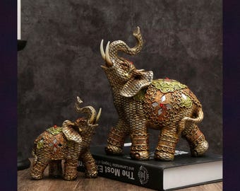 Elephant Statue with Raised Trunk Gold Resin Figurine, Ornate Mosaic Elephant Sculpture, Good Luck Home Decor Gift