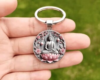 Buddha Lotus Schlüsselanhänger, Meditation Schlüsselanhänger mit rosa Lotus und Laternen, spirituelles Geschenk für Frauen, Zen buddhistischer Anhänger