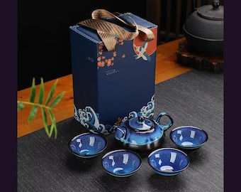 Blue Ceramic Teapot and Cup Set Gift Boxed, Kiln Glazed Kung Fu Tea Set, Japanese Style Tea Gift for Him