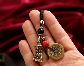 Messing Buddha Glücks Münze Schlüsselanhänger Amulett, Buddhistischer Schutz Charm für Männer Frauen, Vintage Feng Shui Anhänger