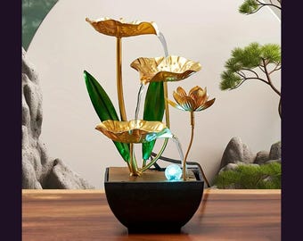 Gold Lotus Leaf Tabletop Water Fountain with LED Light, Indoor Zen Waterfall, Relaxation Gift for Home Office