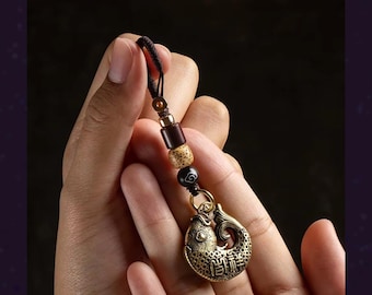 Koi Fish Brass Keychain with Bodhi Seed Beads, Feng Shui Lucky Charm Pendant, Hand Woven Bag Charm, Prosperity Gift, Zen Accessory