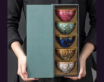 Ceramic Tea Cup Set of 5, Kiln Glazed Pottery Cups Gift Boxed, Japanese Style Teacup Set, Tea Lover Gift