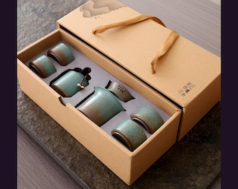 Ceramic Tea Ceremony Set Gift Boxed, Jade Gaiwan with Cups and Tea Caddy, Rustic Stoneware Tea Gift for Him