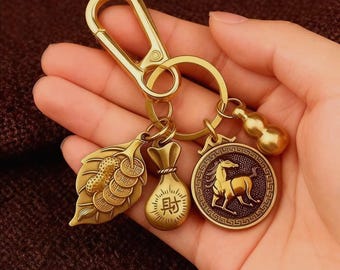 Chinesisches Sternzeichen Pferd Schlüsselanhänger Glücksbringer, Feng Shui Reichtum Kürbis Anhänger, Glück Geschenk für Männer Frauen