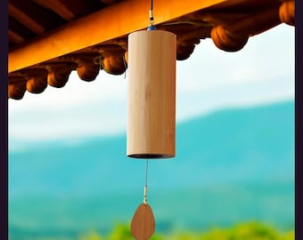 Windspiel aus Bambuszylinder, handgefertigte Meditationsglocke mit Blattanhänger, Windspiel für den Zen-Garten, Geschenk zur Klangheilung