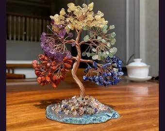 Crystal Tree of Life with Agate Base, Seven Chakra Gemstone Bonsai, Feng Shui Home Decor, Rose Quartz Green Aventurine Healing Crystal Gift