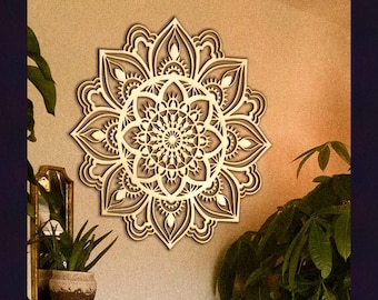 Wooden Mandala Wall Art 40cm Laser Cut Lotus Flower, Natural Wood Wall Hanging for Living Room Bedroom, Boho Zen Home Decor