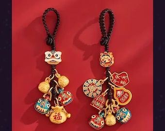 Chinese Lucky Charm Keychain, Feng Shui Fortune Bag Clip, Cloisonne Enamel Lion Dance Keyring, Prosperity Gift, Good Luck Bag Charm