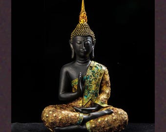 Thai Buddha Statue Black and Gold, Ornate Seated Buddha Figurine Abhaya Mudra, Zen Home Decor Spiritual Gift