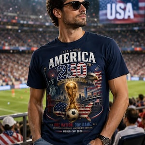 K&ouml;nnte beinhalten: Ein marineblaues T-Shirt mit einem Grafikdruck, der das 250-j&auml;hrige Jubil&auml;um Amerikas und die Fu&szlig;ball-Weltmeisterschaft 2026 feiert. Das Design zeigt die Freiheitsstatue, einen Wei&szlig;kopfseeadler, einen Fu&szlig;ballpokal und den Text 1776-2026.