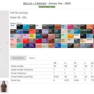 K&ouml;nnte beinhalten: Ein braunes kurz&auml;rmeliges T-Shirt mit Rundhalsausschnitt von Bella + Canvas, Modell 3001. Die Produktseite zeigt eine Farbpaletten-&Uuml;bersicht mit verschiedenen Optionen, eine Gr&ouml;&szlig;entabelle von XS bis 5XL sowie technische Spezifikationen der Ma&szlig;e.
