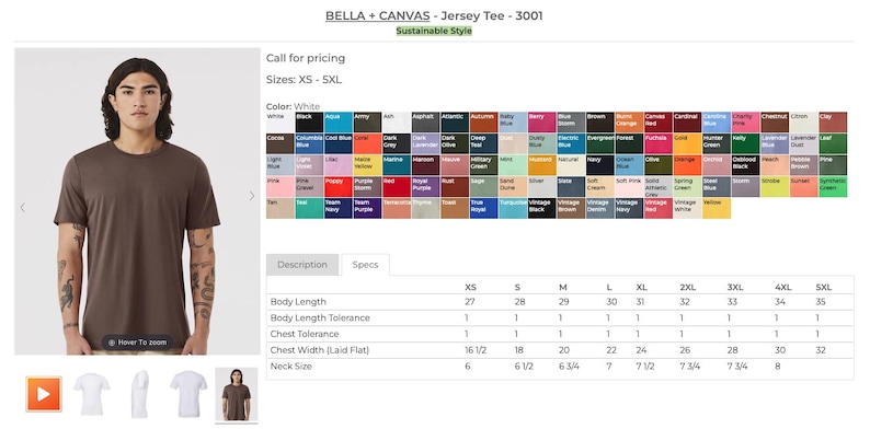 K&ouml;nnte beinhalten: Ein braunes kurz&auml;rmeliges T-Shirt mit Rundhalsausschnitt von Bella + Canvas, Modell 3001. Die Produktseite zeigt eine Farbpaletten-&Uuml;bersicht mit verschiedenen Optionen, eine Gr&ouml;&szlig;entabelle von XS bis 5XL sowie technische Spezifikationen der Ma&szlig;e.