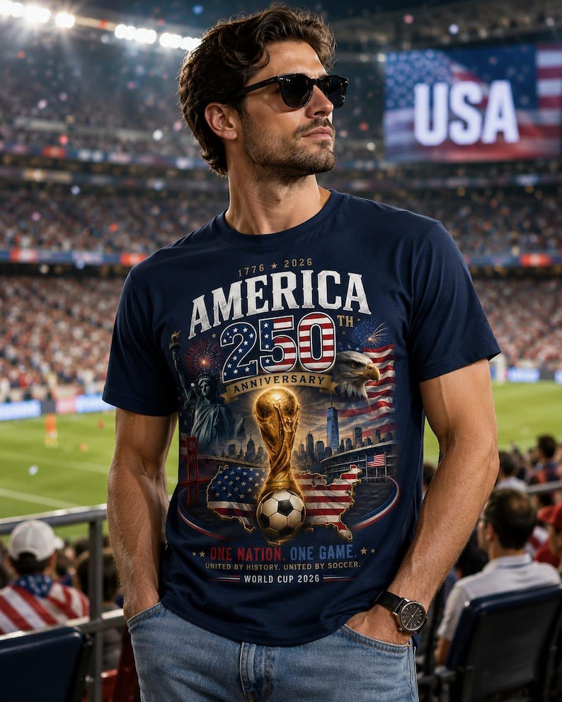 K&ouml;nnte beinhalten: Ein marineblaues T-Shirt mit einem Grafikdruck, der das 250-j&auml;hrige Jubil&auml;um Amerikas und die Fu&szlig;ball-Weltmeisterschaft 2026 feiert. Das Design zeigt die Freiheitsstatue, einen Wei&szlig;kopfseeadler, einen Fu&szlig;ballpokal und den Text 1776-2026.