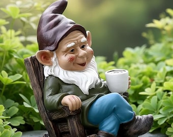 Gnomo da giardino a forma di sedia a dondolo, decorazione per patio in resina, gnomo stravagante a forma di tazza da tè