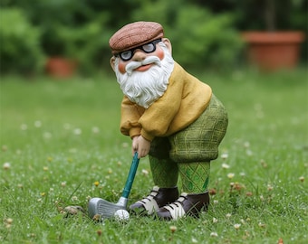 Estatua de gnomo golfista, enano barbudo con palo de golf y gafas, decoración para jardín o patio.