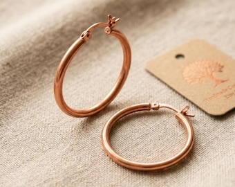 Pure Copper Hoop Earrings, Post Hoop Earrings, Copper hoops with post backs, Bohemian Hoop Earrings, Modern Earrings, sterling post,25mmsize