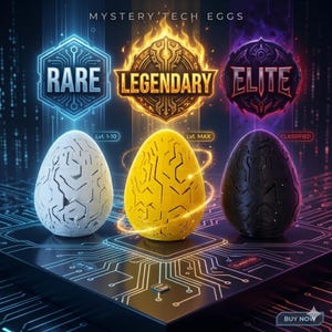 Op de afbeelding: Drie eivormige objecten met printplaatpatronen in wit, geel en zwart. Erboven staan lichtgevende emblemen met de tekst RARE, LEGENDARY en ELITE. De tekst bevat MYSTERY TECH EGGS, Lvl. 1-10, Lvl. MAX, CLASSIFIED en een BUY NOW knop.