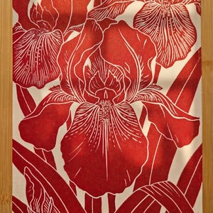 Könnte beinhalten: Ein rechteckiger Druck auf cremefarbenem Papier mit einem kräftigen roten Linoldruck-Motiv aus mehreren Irisblüten und langen, schmalen Blättern. Das Kunstwerk zeigt filigrane, weiße Liniendetails, die in die Blütenblätter eingearbeitet sind.