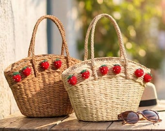 Torba słomkowa w kolorze truskawkowym, pleciona torebka plażowa, torba wakacyjna o średniej pojemności, jednokolorowa torba na ramię ze słomy, letnia torba plażowa dla kobiet