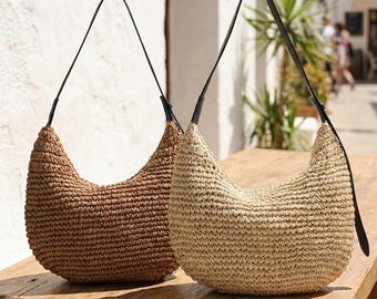 Bolso de paja estilo boho, bolso bandolera de rafia tejida, bolso de playa de verano, bolso para vacaciones, bolso de paja de nicho, bolso de verano