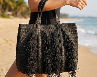 Große Quaste Stroh Strandtasche, handgewebte Urlaub Einkaufstasche, Boho Schultertasche für Frauen, gewebte Sommerhandtasche, Küstenstrand Geldbörse