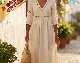 Elegantes Maxikleid mit V-Ausschnitt, lässiges Sommerkleid für Frauen, fließendes Resortkleid, Lockere Strandurlaubskleid, Boho langes Kleid