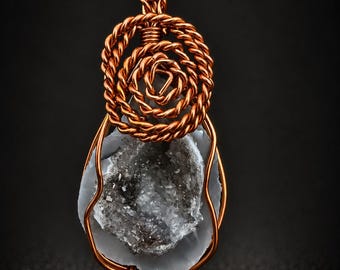 Druzy Blue Geode Pendant Wrapped in Copper Wire with Chain