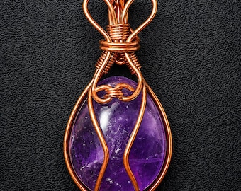 Tumbled Amethyst Pendant Wrapped in Copper Wire with Chain