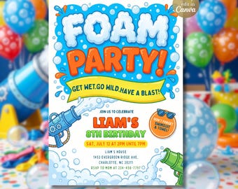 Invitación de cumpleaños para fiesta de espuma, invitación de cumpleaños para niños con burbujas, invitación para fiesta de espuma de verano, plantilla de cumpleaños editable en Canva