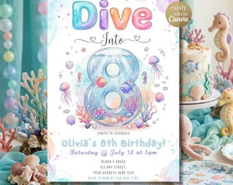 Invitación de cumpleaños "Sumérgete en 8", invitación para fiesta de cumpleaños con temática de acuario, invitación de cumpleaños bajo el mar, plantilla editable de Canva para cumpleaños.