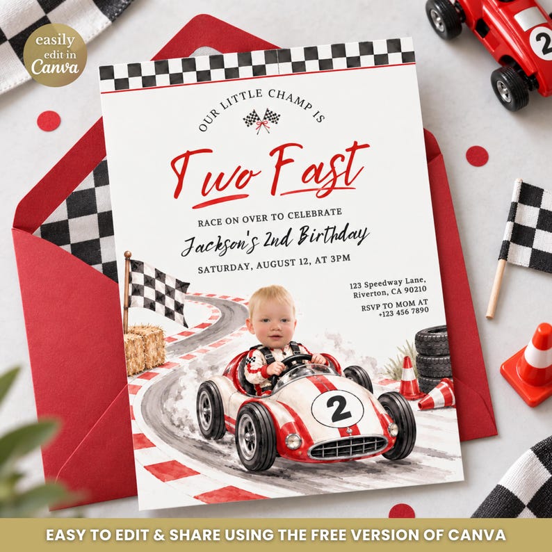 Two Fast Birthday Invitation, Racing Car Invitation, 2nd Birthday ...