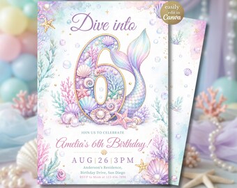 Plantilla de invitación de cumpleaños de sirena para sexto cumpleaños, Invitación de fiesta para niña "Sumérgete en el mundo submarino" para sexto cumpleaños, Canva de sirena en tonos pastel, rosa, morado y verde azulado