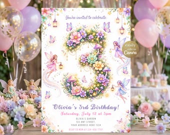 Invitación de cumpleaños de hadas para el tercer cumpleaños, invitación de cumpleaños con temática de jardín de hadas, plantilla editable de Canva para la primera fiesta de cumpleaños con temática de mariposas encantadas.