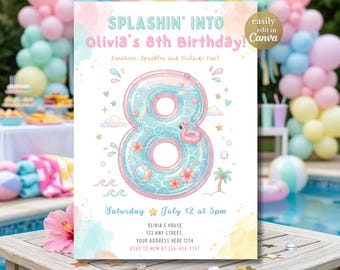 Invitación de cumpleaños "Chapuzón en la piscina para los ocho años", invitación para fiesta de piscina de octavo cumpleaños, fiesta de verano en la piscina para niña de octavo cumpleaños, plantilla editable de Canva