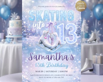 Ice Skating Into 13 Birthday Invitation Template, Girl Winter Party Invite, Editable Canva Digital Ice Skate 13th Birthday Purple Winter