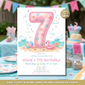 May include: A summer-themed birthday party invitation in pink and white. It features a number 7 balloon, beach illustrations, and the text "Olivia's 7th Birthday!" with event details. The design is easily editable in Canva.