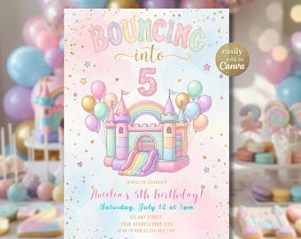 Bouncing Into 5 Birthday Invitation, Bounce House Party Invitation, Pastel Rainbow Bouncy Castle Editable Canva Girls Birthday Template