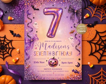 May include: A rectangular birthday invitation card featuring a large metallic purple number seven balloon, purple bows, ghost illustrations, and a jack-o'-lantern. The text reads Madison's Seventh Birthday, 25th Nov, 3pm-5pm, and Smith's Residence.