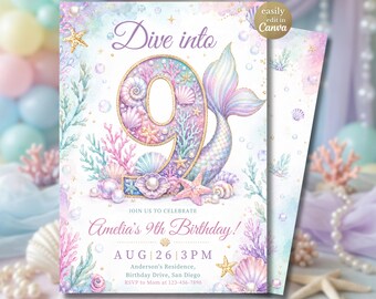 Plantilla de invitación de cumpleaños número 9 de sirena, Invitación de fiesta para niña "Sumérgete en el mundo submarino", Canva de sirena pastel para noveno cumpleaños, rosa, morado y verde azulado