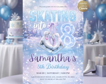Plantilla de invitación de cumpleaños de patinaje sobre hielo Patinando hacia los 8 años Invitación de fiesta de invierno para niña Editable Canva Patinaje digital sobre hielo 8º cumpleaños Morado Invierno