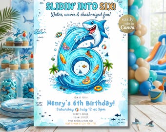 Invitación de cumpleaños número 6 con temática de fiesta en la piscina con tiburones, invitación de cumpleaños "Deslizándose hacia los seis", plantilla editable de Canva para fiesta de verano en la piscina con toboganes acuáticos y tiburones.