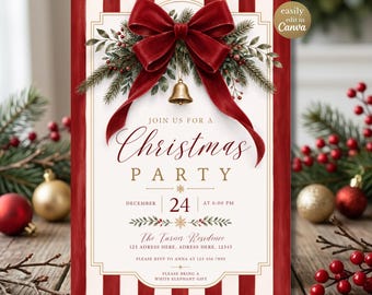 Invitación para fiesta de Navidad, invitación de elefante blanco con lazo rojo, invitación para fiesta navideña, plantilla digital editable de Canva para fiesta de Nochebuena.