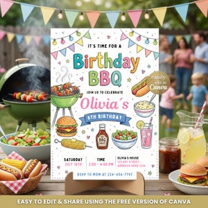 May include: A colorful birthday BBQ invitation with the text "It's time for a Birthday BBQ" and "Olivia's 6th Birthday". The invitation features illustrations of BBQ food, including burgers, hot dogs, and corn on the cob. The invitation is easily editable in Canva.