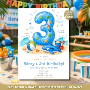 May include: A summer-themed birthday party invitation with a blue number 3 balloon, palm trees, and a surfboard. The invitation includes a beach ball, a shark, and the text "Henry's 3rd Birthday!" with event details. Easily editable in Canva.