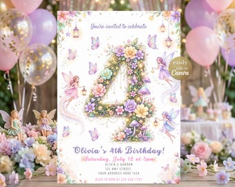 Invitación de cumpleaños de hadas para el 4.º cumpleaños, invitación de cumpleaños con temática de jardín de hadas, plantilla editable de Canva para la primera fiesta de cumpleaños con temática de mariposas encantadas.