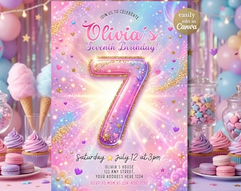 Invitación de séptimo cumpleaños, invitación de séptimo cumpleaños con brillo, invitación de cumpleaños rosa brillante para niñas, plantilla de cumpleaños editable en Canva
