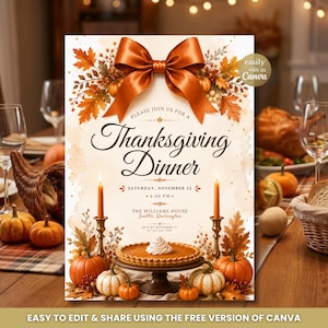 Pode incluir: Um convite para um jantar de Ação de Graças com um grande laço laranja, folhas de outono, abóboras e duas velas acesas. O texto diz: Please join us for a Thanksgiving Dinner, Saturday, November 22, 4:00 PM.